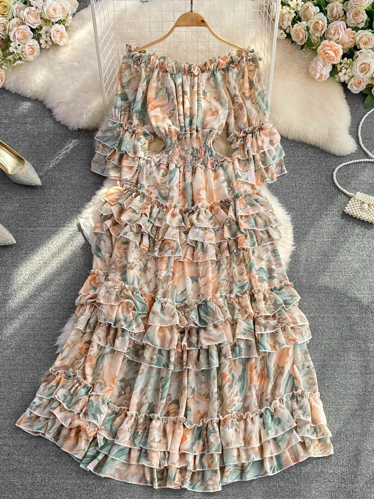 Autumn Vintage Floral Ruffle Chiffon Long Dress Women Sexy Slash Neck Off Shoulder Flare Sleeve High Waist A-Line Beach Vestidos