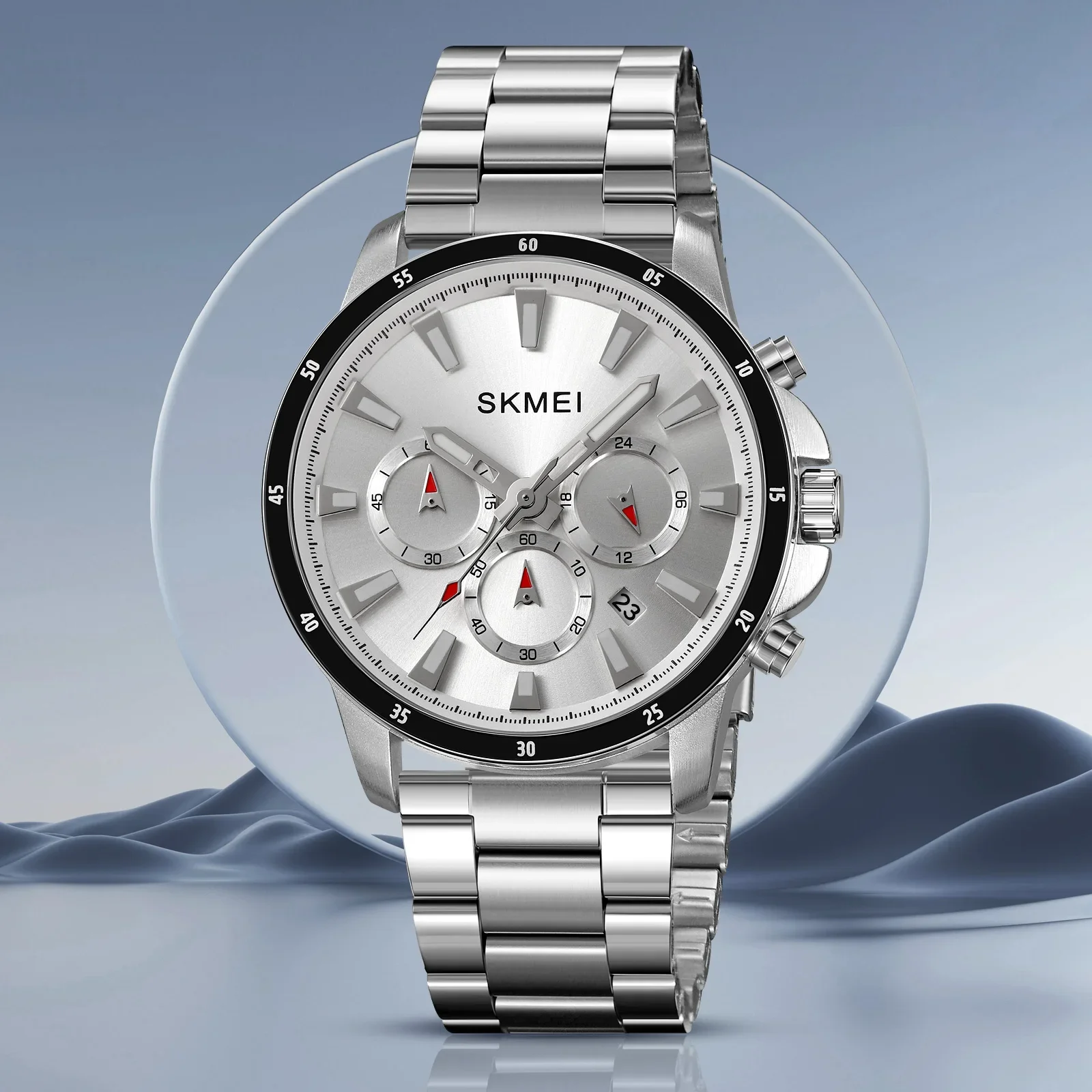SKMEI-relógio de quartzo redondo grande masculino, três olhos, seis agulhas, multifuncional, clássico, 2295