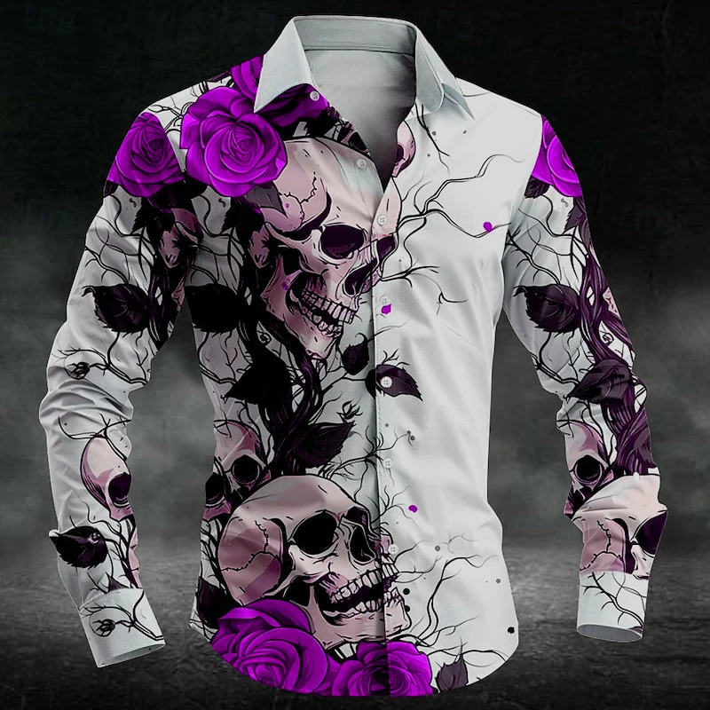 

New Flower Skull Men's Shirt Multiple Fashionable, Comfortable, Casual Collar Skull High Quality Long Sleeve Shirt Plus Size 6XL