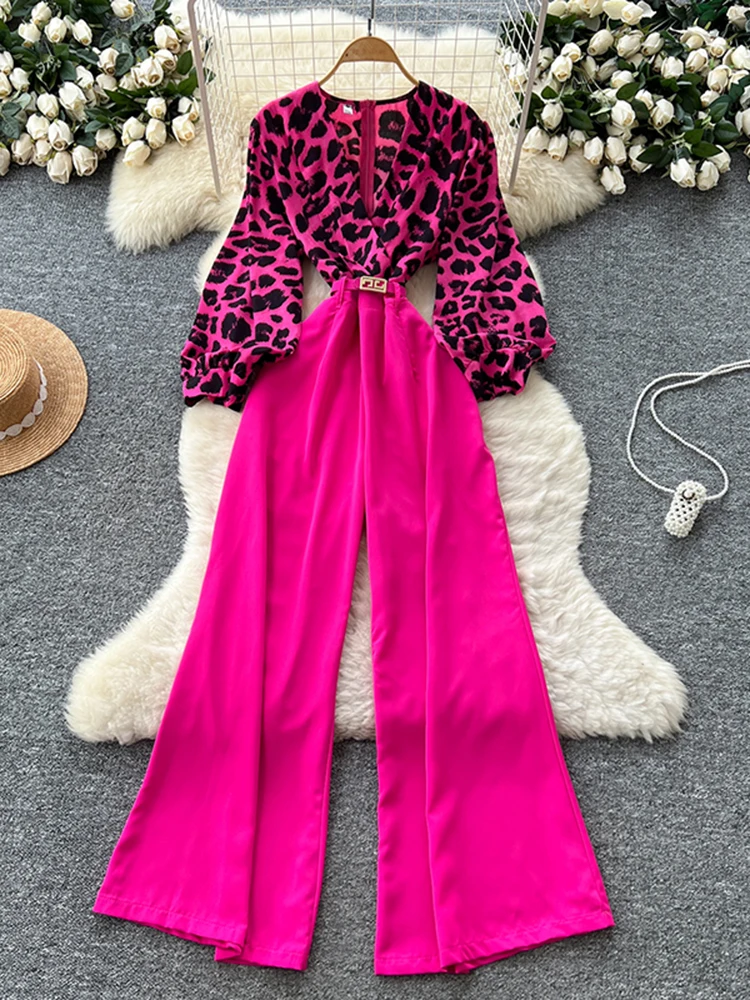 ربيع الخريف جديد الأوروبية الأمريكية ليوبارد طباعة بذلة المرأة فقاعة الأكمام عبر طوق واسعة الساق السراويل فضفاضة C392 #6