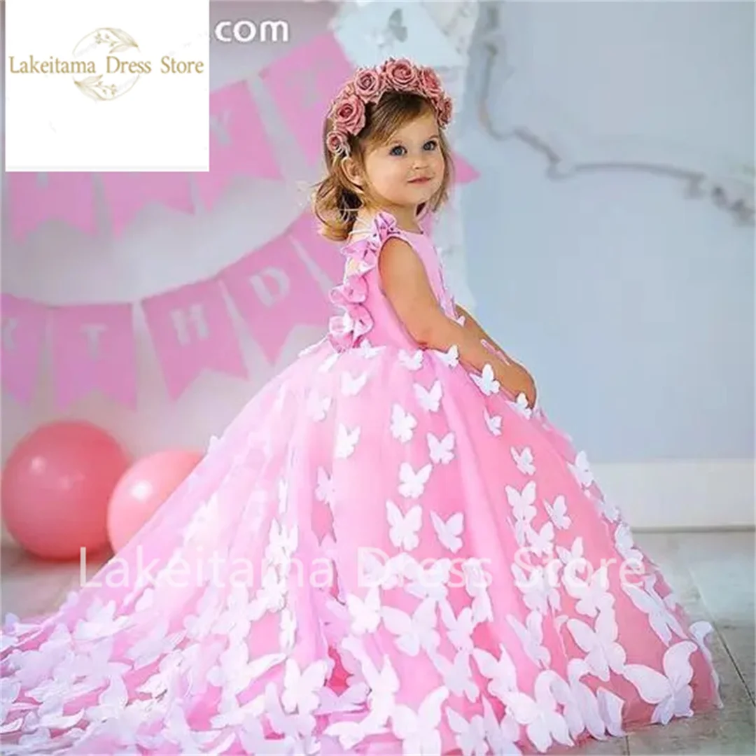 Flower Girl Dress Lovely Baby Girls Birthday Party Dresses Pink Dresses 3D Butterfly Girls Celebration Pageant Dresses