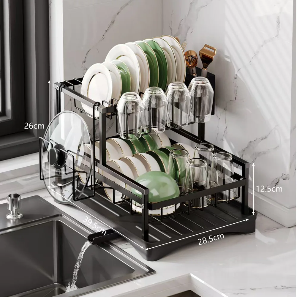 

Space-saving two-layer metal cutlery rack with collapsible vertical design with cutlery drain rack and cutlery storage rack