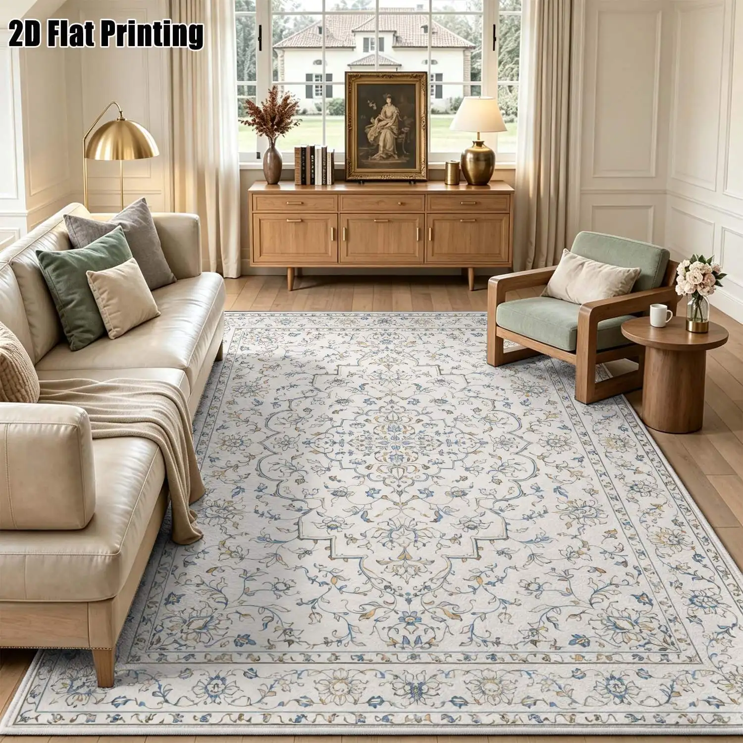 1Pc 2D Printed Beige Blue Brown Floral Vintage European Carpet, Suitable for Living Room Bedroom Dining Room Entrance Study Home Decor, Multiple Sizes, Machine Washable