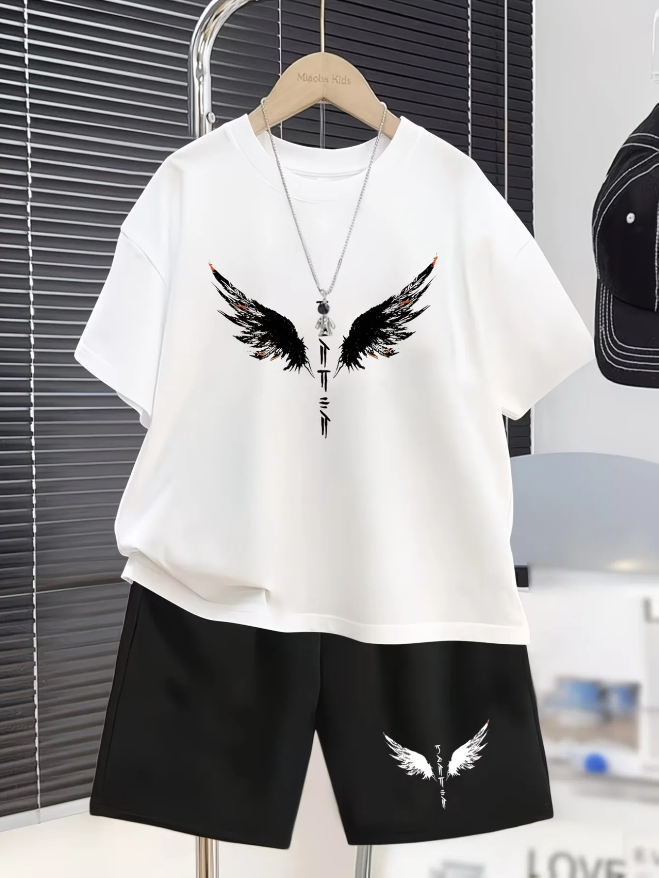 Children Summer Wear Wings Print Suit Boys Black Cool Short Sleeve Shorts Two Sets of Light Breathable Not Stuffy Sweat