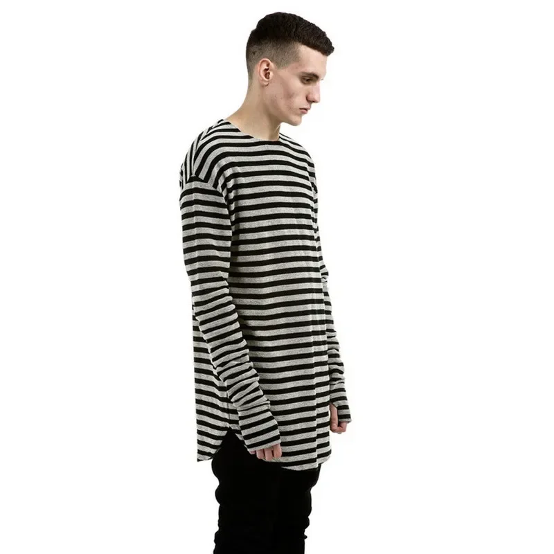 2026 Men Hip Hop Mens T-Shirts Striped Long Sleeve T Shirt Extended Oversized 100% Cotton Tee Shirt Homme T Shirt Men