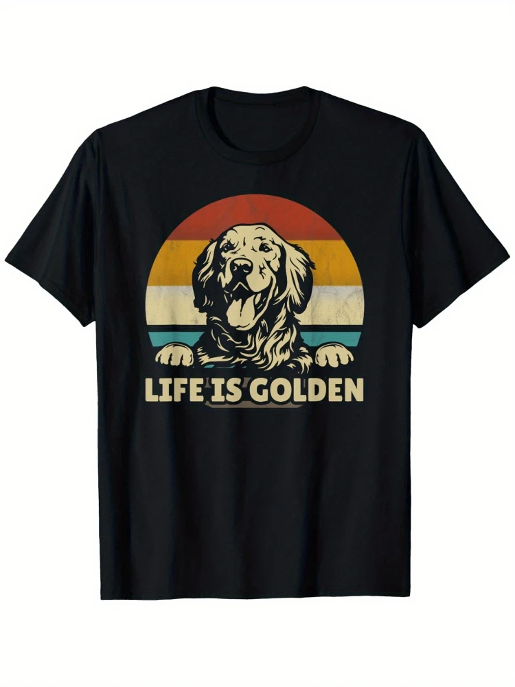 

Vintage Golden Retriever "Life is Golden" Graphic,100% Cotton Casual Round Neck Short Sleeve Print Tee.
