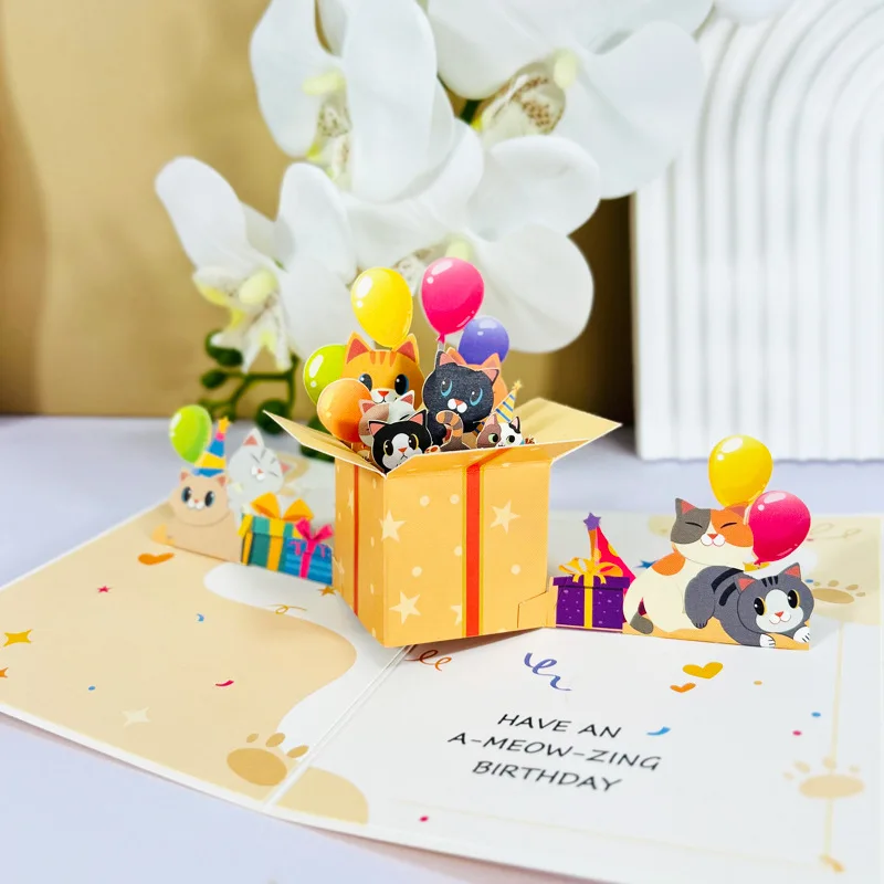 

Cats Pop-up Entertaining Greeting Card Cute Docile Kittens Birthday Card With Envelope Creative Celebration Birthday Gifts