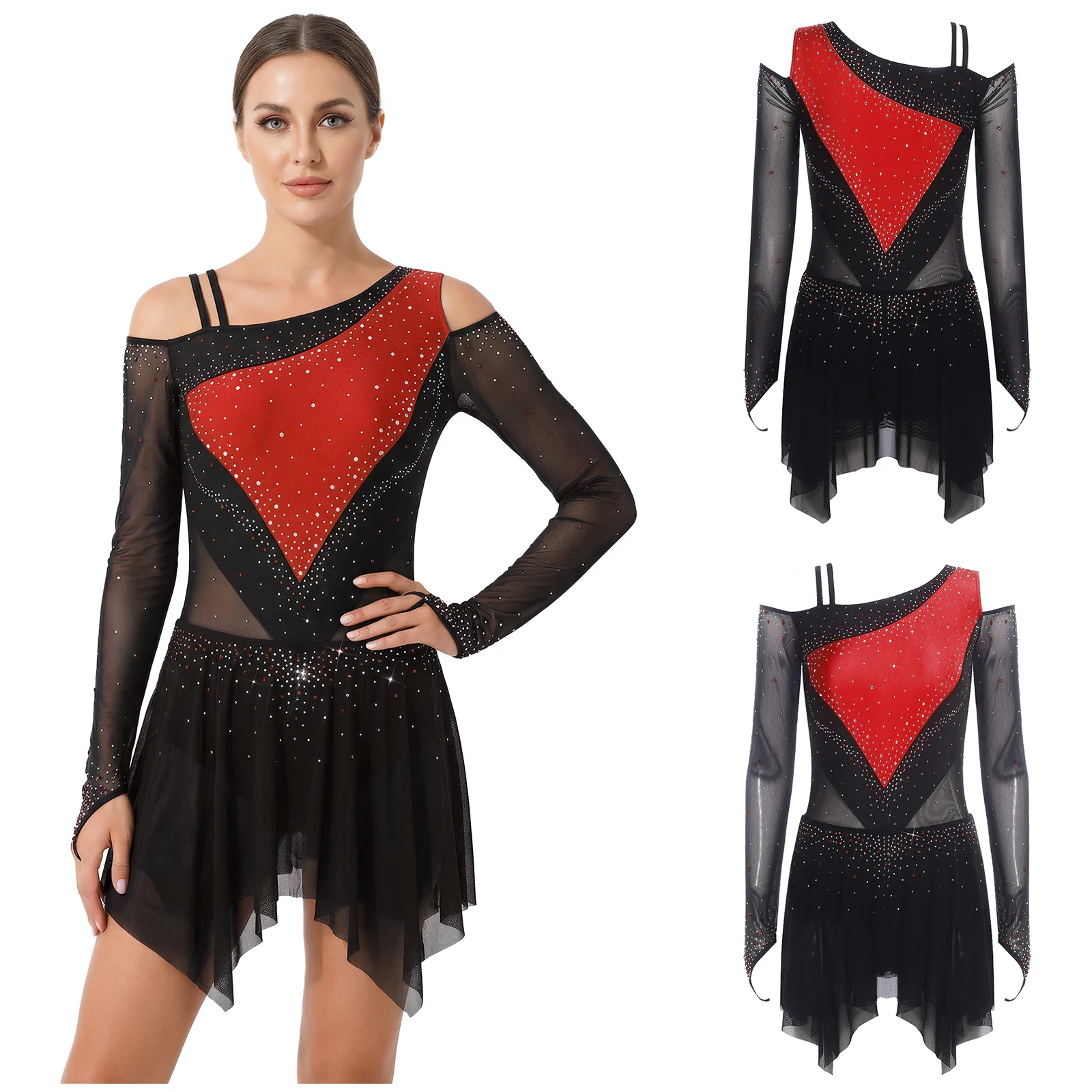

Women Artistic Figure Skating Gymnastics Costume Shiny Rhinestone Long Sleeve Mesh Hem Modern Lyrical Dance Dress Ballet Leotard