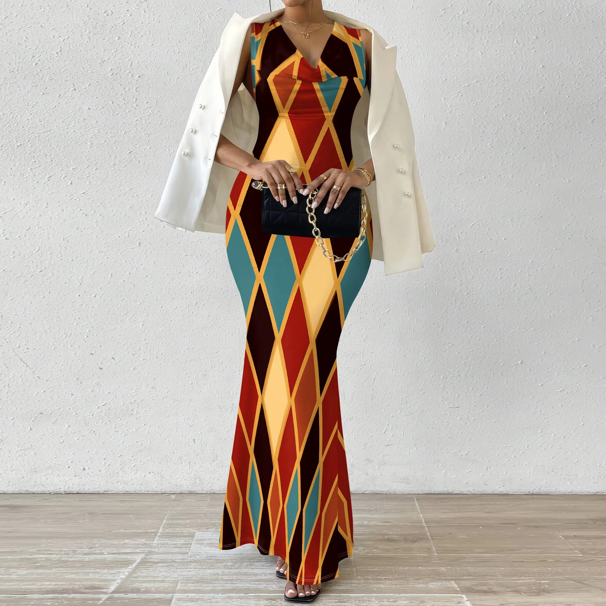 

Women’s Harlequin Print Sleeveless Maxi Dress Elegant V Neck Mermaid Hem Party Evening Gown XS-2XL