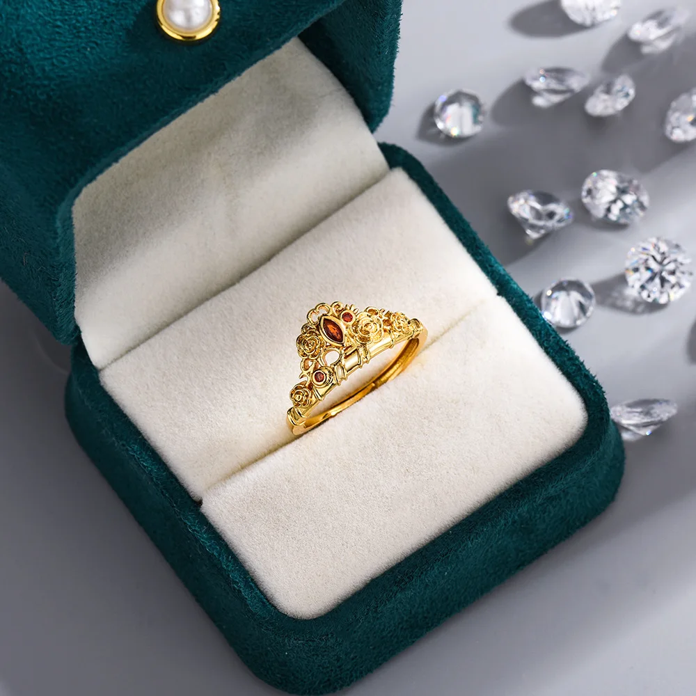 خاتم تاج الأميرة اليكرا للنساء والفتيات ، مطلي بالذهب ، زهرة قابلة للتعديل ، حفلة خطوبة ، إكسسوارات مجوهرات ، هدايا أنيقة