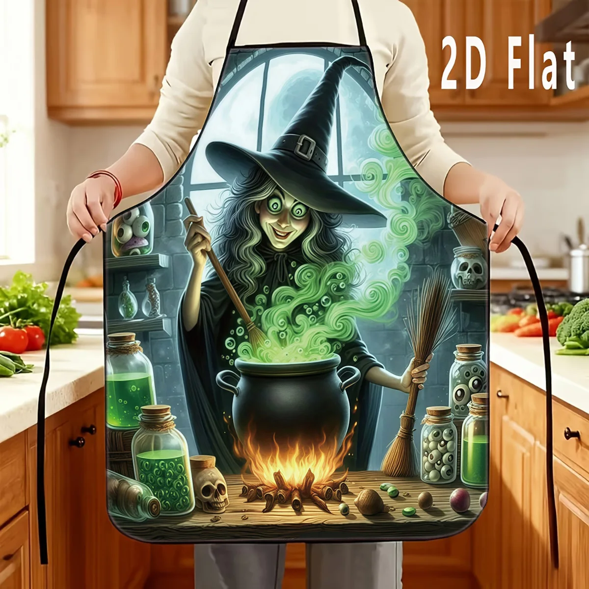 1pc 2D Flat Apron With Witch Potion Brewing Pattern, Adjustable Waist Tie, Unisex Apron, Ideal For Kitchen & Home Baking