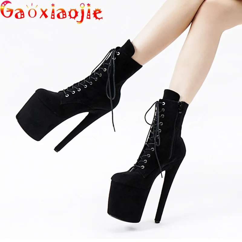 

20cm Sexy Black Platform Pole Dance Shoes Stripper Heels Suede Ankle Boots Sexy Shoes Very High Heels Laces Round Head Low Leg