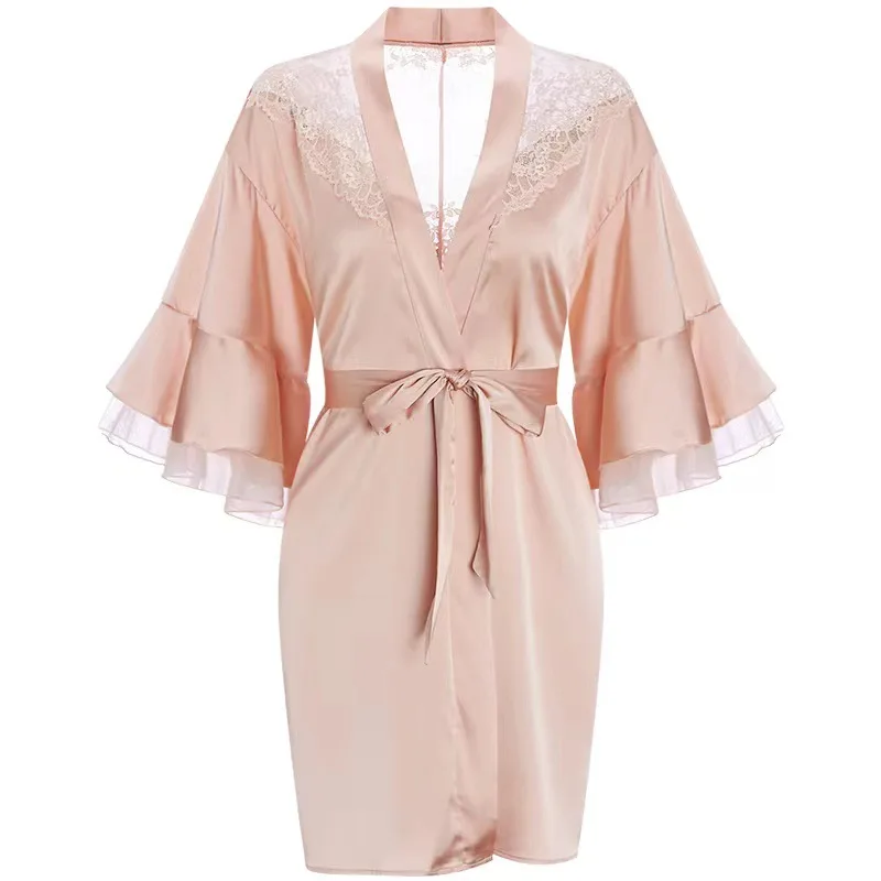 Sexy Flare Sleeve Robe Mini Short Nightdress Lady Home Dressing Gown Nighty Robe Short Kimono Bathrobe Ice Silk Loungewear