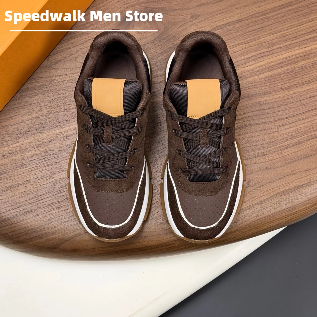 Men Wavy Edge Patchwork Retro Sneakers Perforated Leather Suede Mix Lace Up Anti Slip Gum Thick Sole Daily Walking Casual Shoes