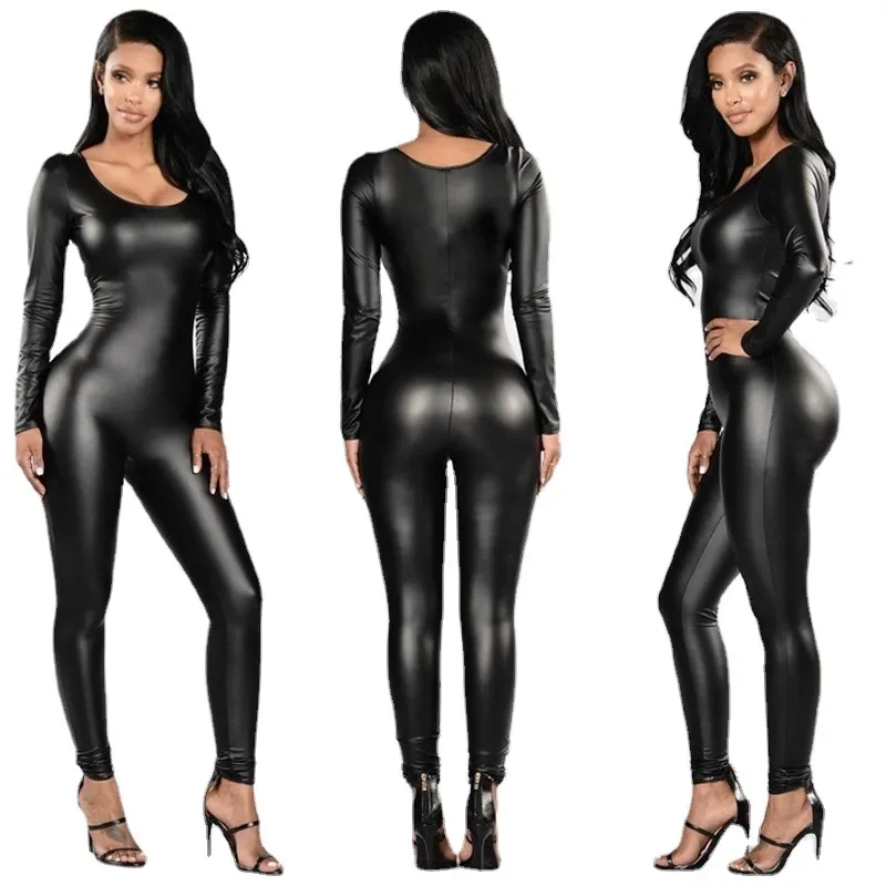 Macacão feminino de couro envernizado sexy preto manga longa macacão uniforme feminino bodysuit