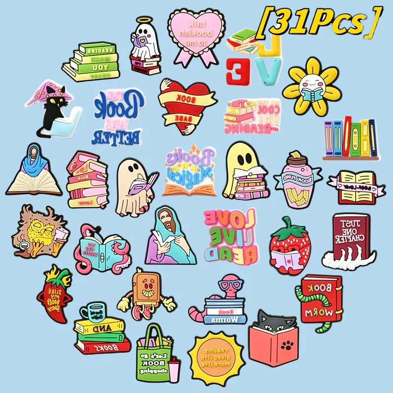 

31Pcs PVC Shoe Ornament Bookish Love Reading Bug Pattern Shoe Buckle Decoration Holiday Party Gifts