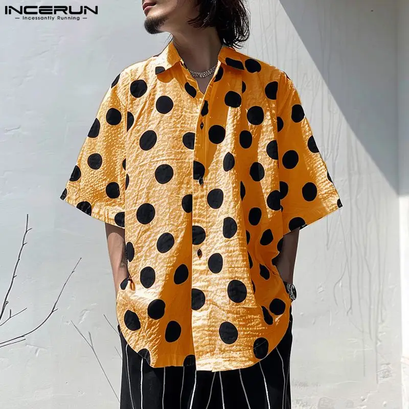 INCERUN Tops 2024 Korean Style Handsome Men Polka Dot Wrinkled Texture Shirts Casual Male Loose Short Sleeved Lapel Blouse S-5XL