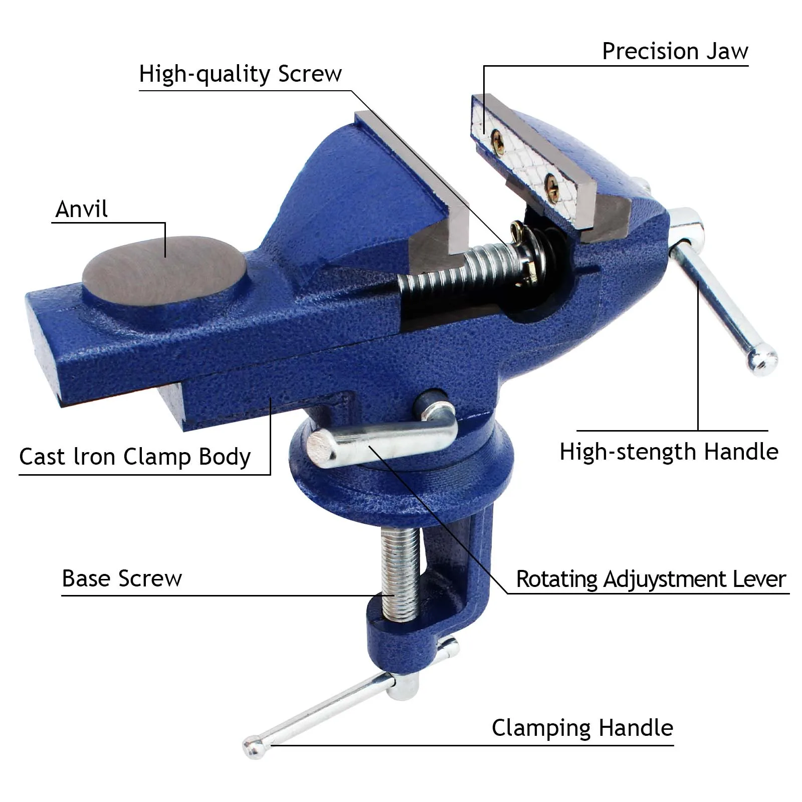 3-Inch Universal Bench Vise with 360° Swivel Base - Heavy-Duty Clamp for Woodworking, Metalworking, Drilling, and Jewelry Repair