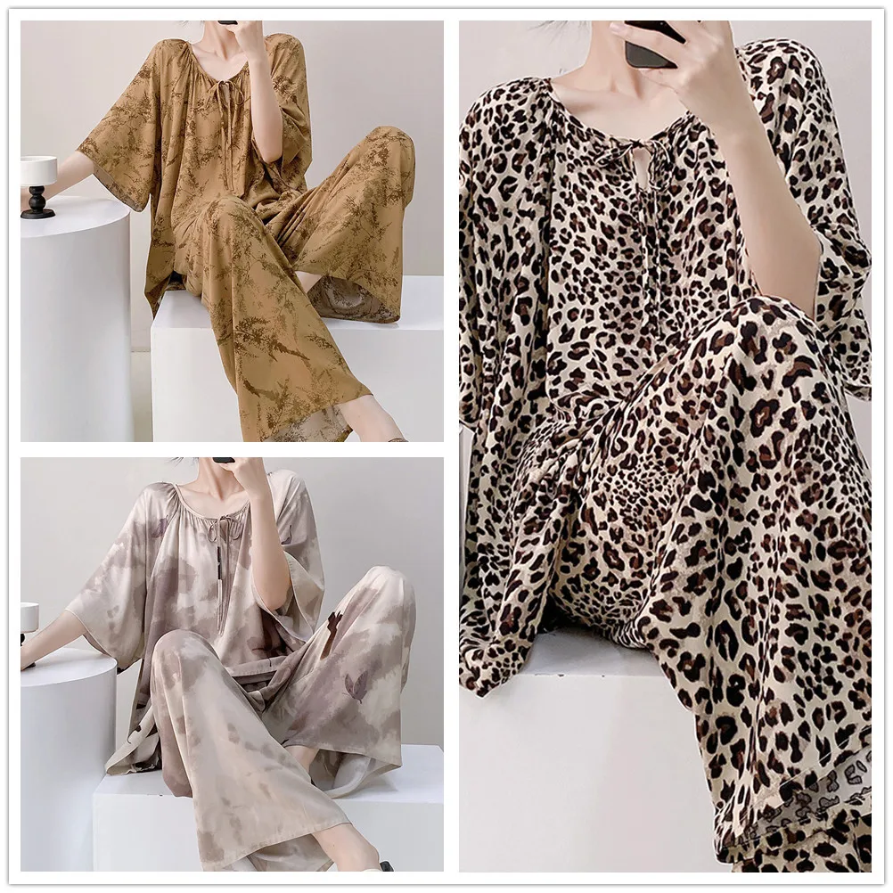 Retro Floral Pyjamas For Women Nightwear Half Sleeve Pullover Pants Lounge Set 2 Piece Set Women's Home Clothes Home Suit
