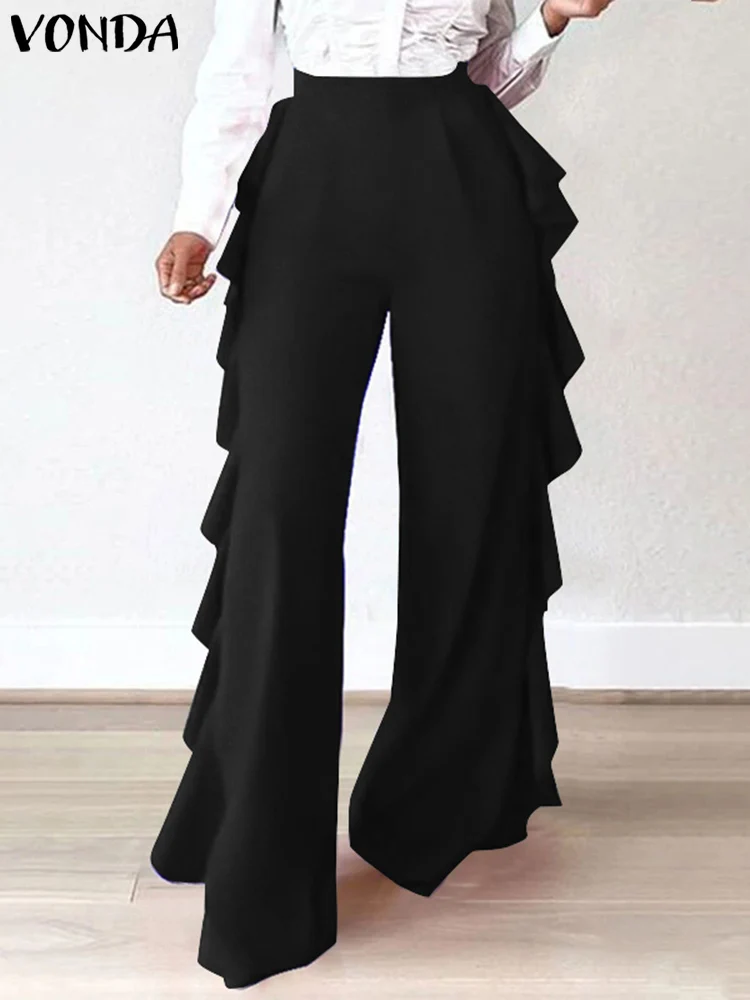 Taglie forti VONDA Pantaloni lunghi a gamba larga da donna tinta unita Pantaloni casual larghi con volant in vita elastica Pantaloni alla moda oversize