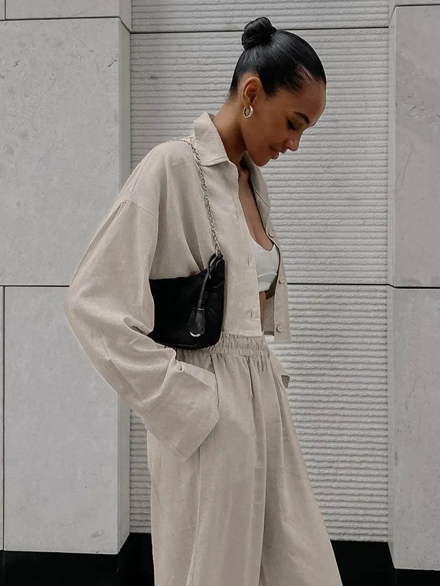 

Cotton Linen Casual Loose Women's irt And Long Pants Set Comfortable Breathable Faionable Autumn Workwear Ensemble