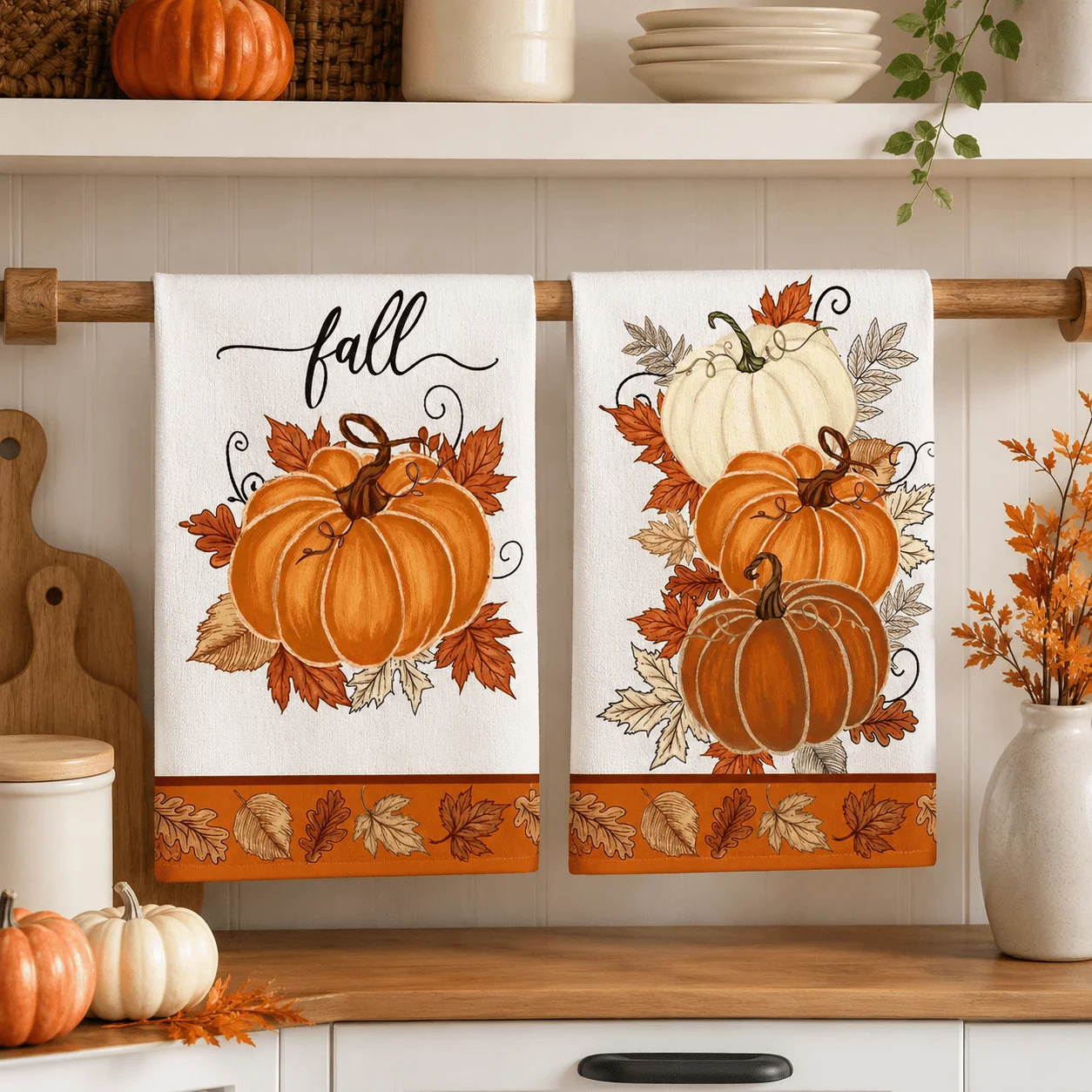 2Pcs Fall Pumpkin Maple Leaf Kitchen Towels Hand‑drawn Autumn Dish Towel Farmhouse Style Thanksgiving Kitchen Home Decor Gift