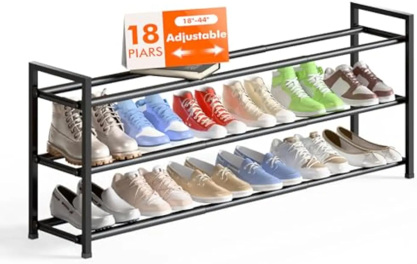 

3-Tier Expandable Shoe Rack – Adjustable 18"–44", Holds 15–18 Pairs (Black)