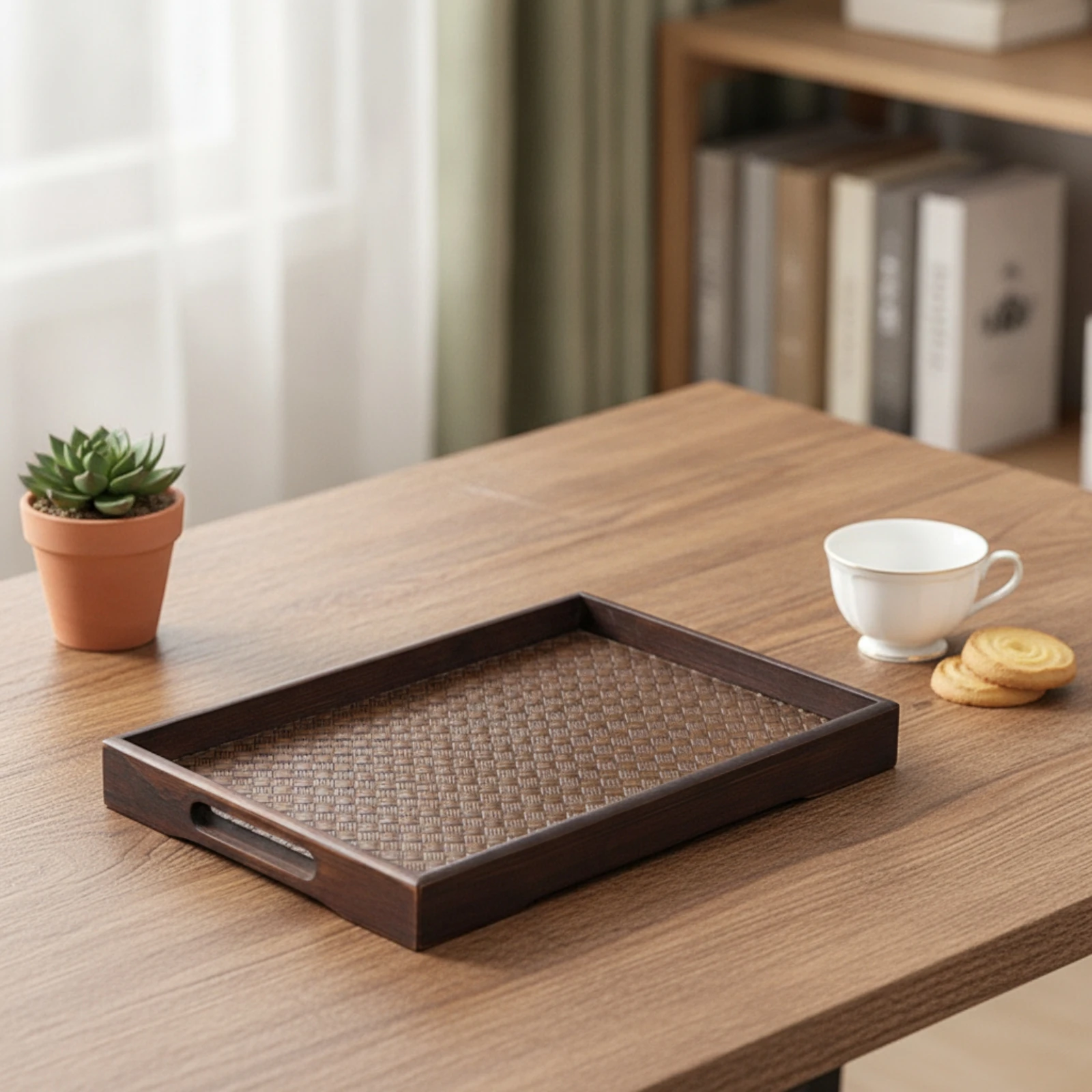 Bamboo Tray with Handles Woven-Texture Serving Tray with Handles Rectangular Lightweight for Hosts, Tea Service