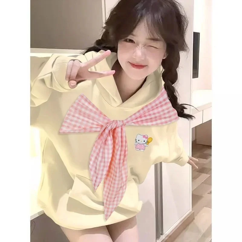 2025 كسول منقوشة ربطة القوس فيونكة مقنعين الحلو الخريف أفضل تصميم جديد هوديي المرأة سترة فضفاضة ins زوجين فضفاض هوديي المرأة Ins جديد