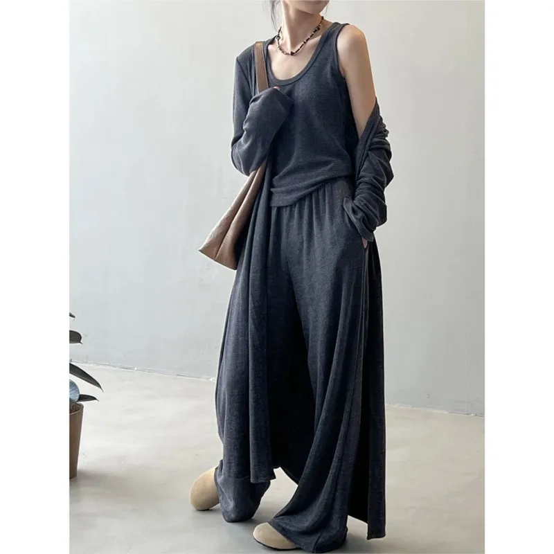 مجموعة جوهنيتشر كسول غير رسمية مكونة من ثلاث قطع سترة نسائية طويلة جديدة مع حمالة بنطال واسع الساق تحت مجموعات نسائية غير رسمية