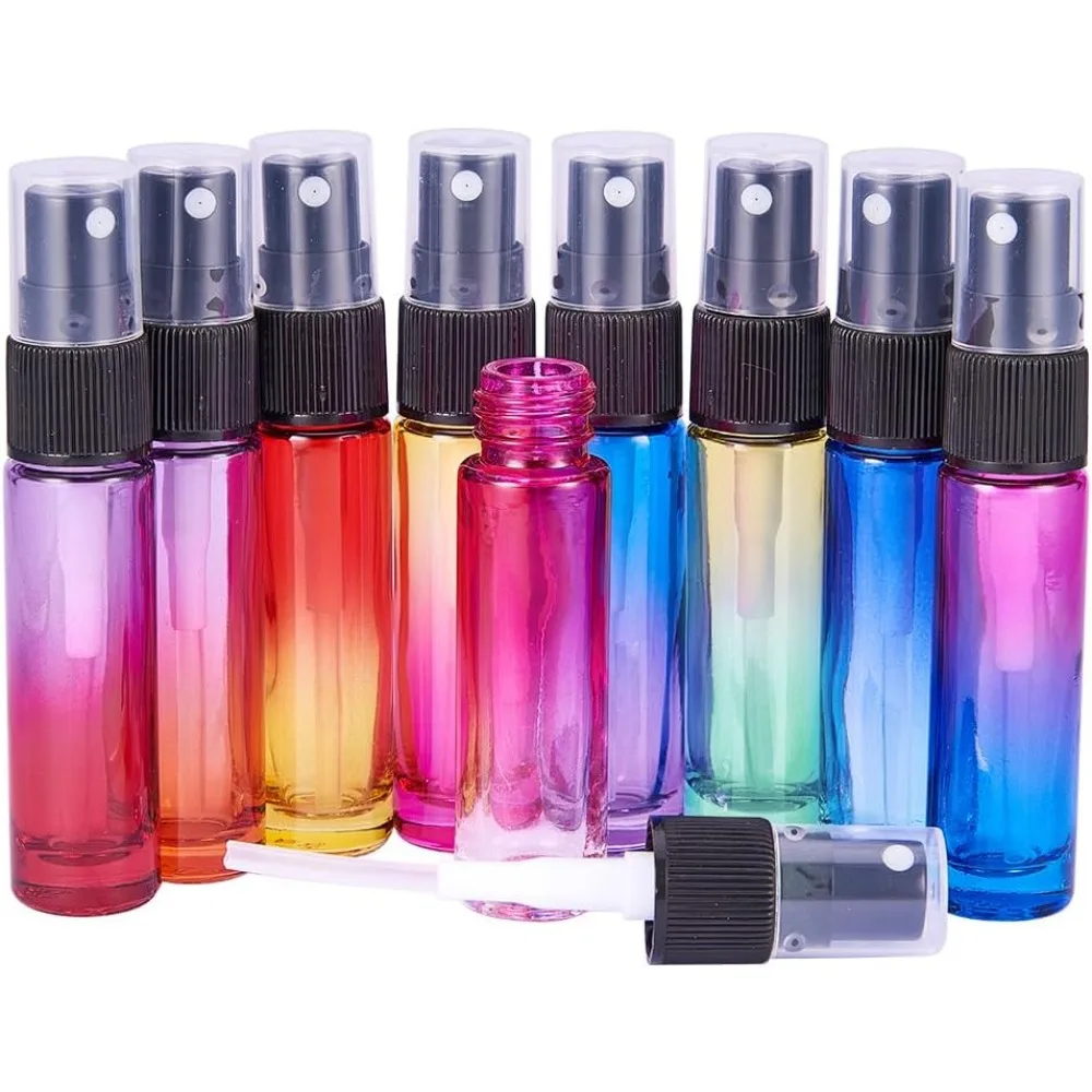 

1Set 9 Packs 10ml Rainbow Color Glass Spray Bottle Refillable Fine Mist Spray Bottle for Perfume Essential Oil