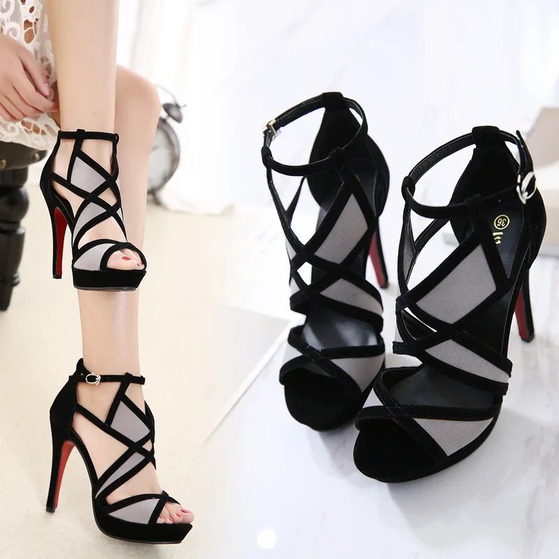 2023 European Station Sandals Flock Buckle Strap Color Matching Hollow Thin Heels 11CM Women Shoes