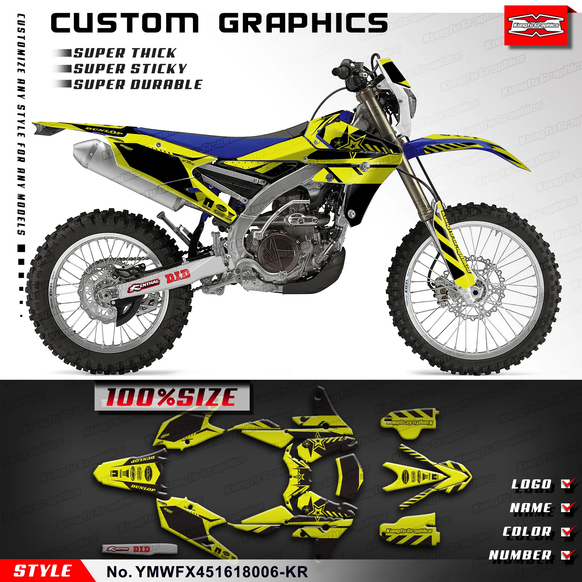 

KUNGFU GRAPHICS MX Stickers Custom Decal Kit for Yamaha WR450F YZ450FX 2016 2017 2018, YMWFX451618006-KR