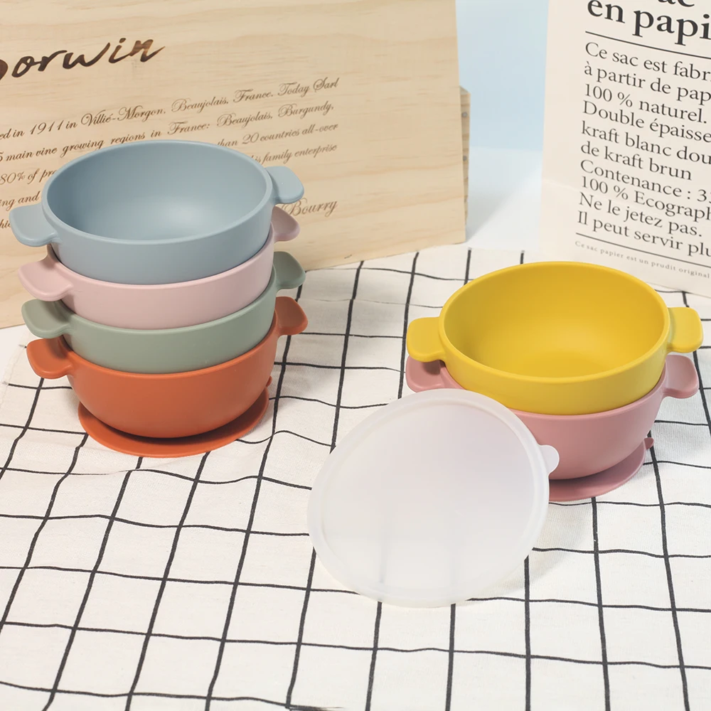 

Silicone suction bowl with lid, baby feeding suction bowl with lid one set dinning suction bowl for tableware usage