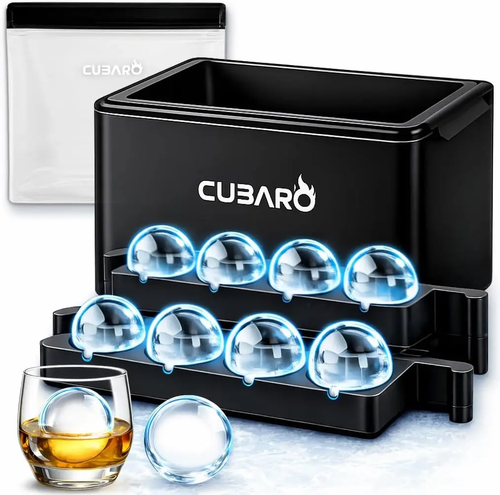 

Clear Ice Ball Maker with Bonus Freezer Bag, 8 Large 2" Crystal Clear Ice Spheres, Premium Hard Shell Directional Freezing Mold