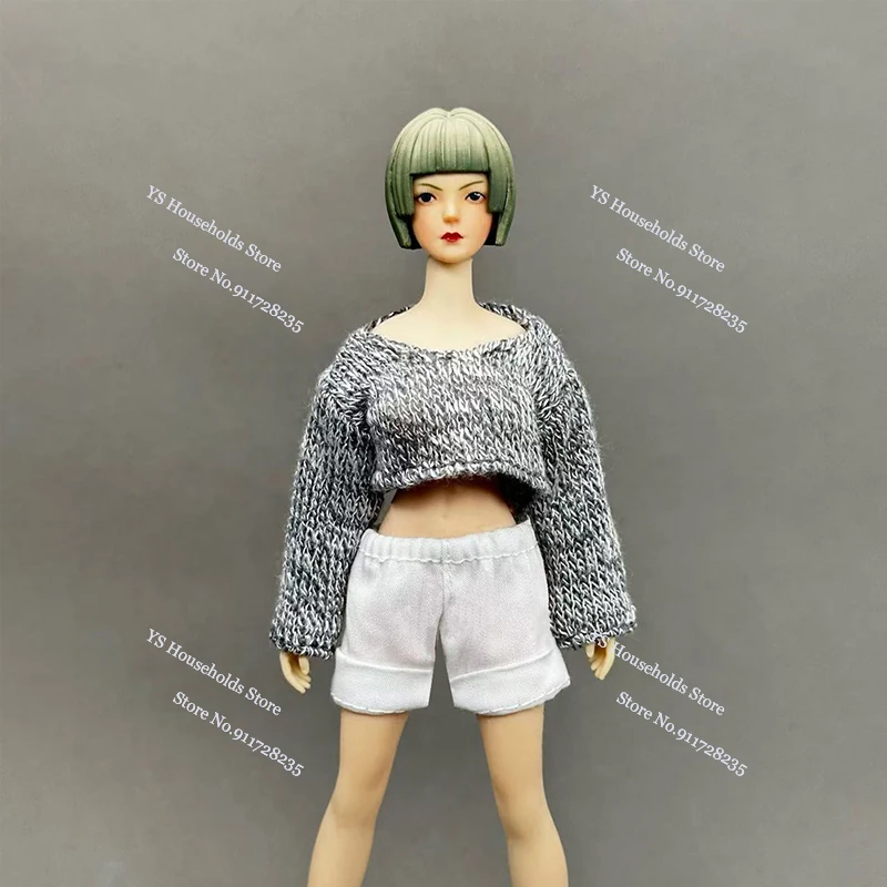 1/12 terno móvel menina curto solto malha gola redonda camisola manga longa superior roupas acessório para 6 "figura corpo decorações