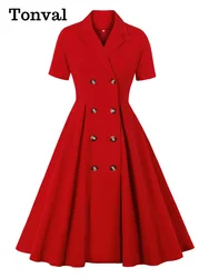 Tonval Notched Collar Double Breasted Red Elegant High Waist Office Ladies Dresses 2026 Women Vintage Summer Midi Dress