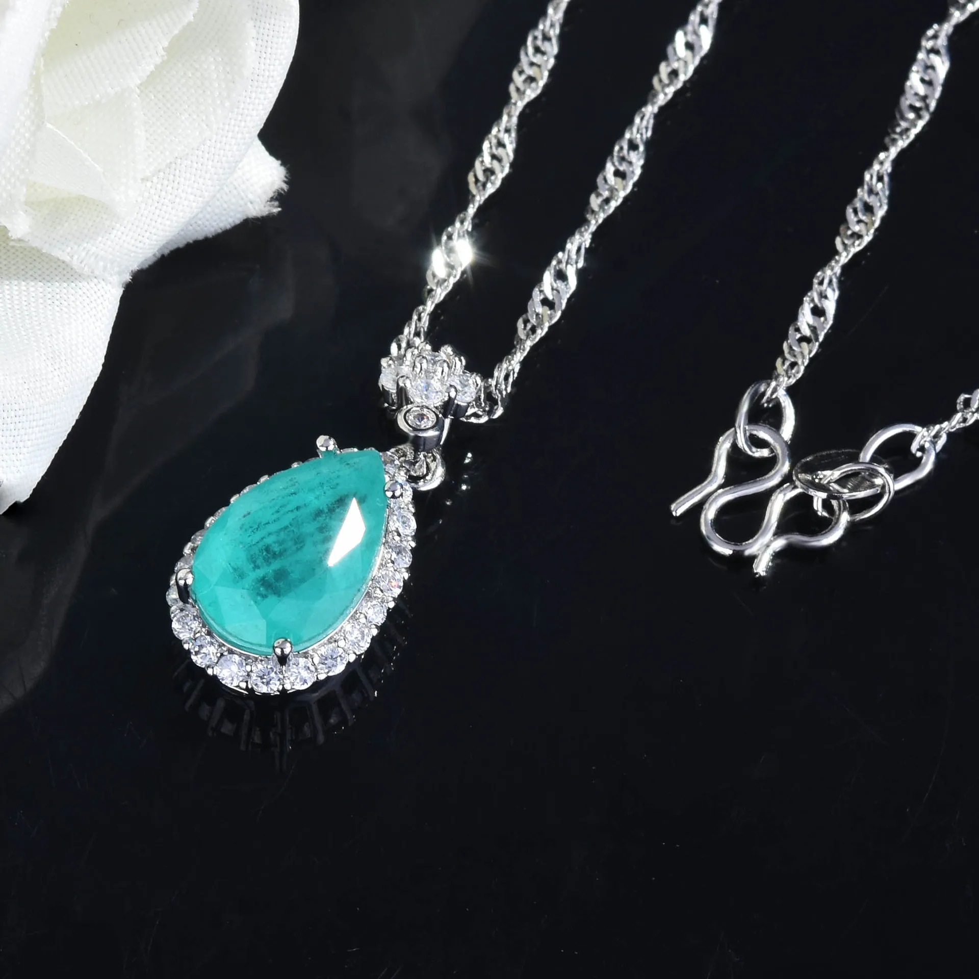 S925 Sterling Silber Ring Echtes Natürliches Paraiba-Set Tropfenring Anhänger Halskette Ohrringe – Detail 4