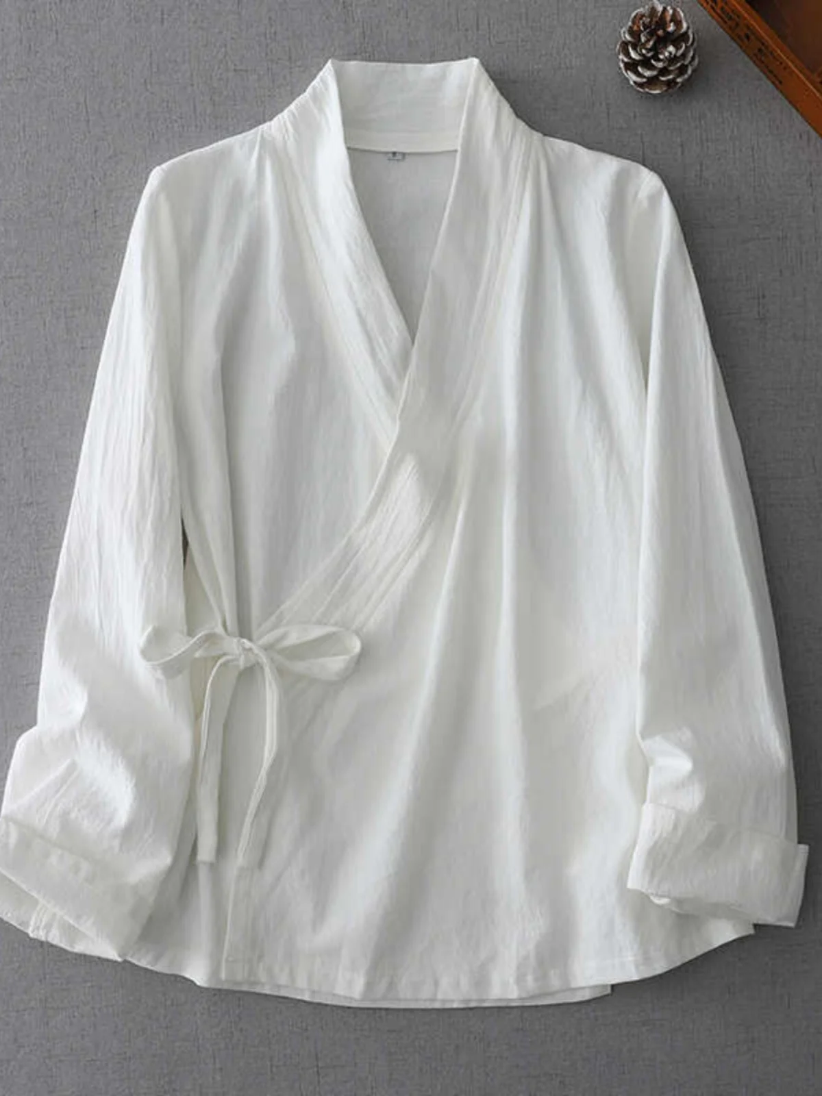 

Loose Fit Long Sve Cotton Linen irt Women's Sle V Ne Tie Waist Tea Costume Top Comfortable Breathable Casual irt