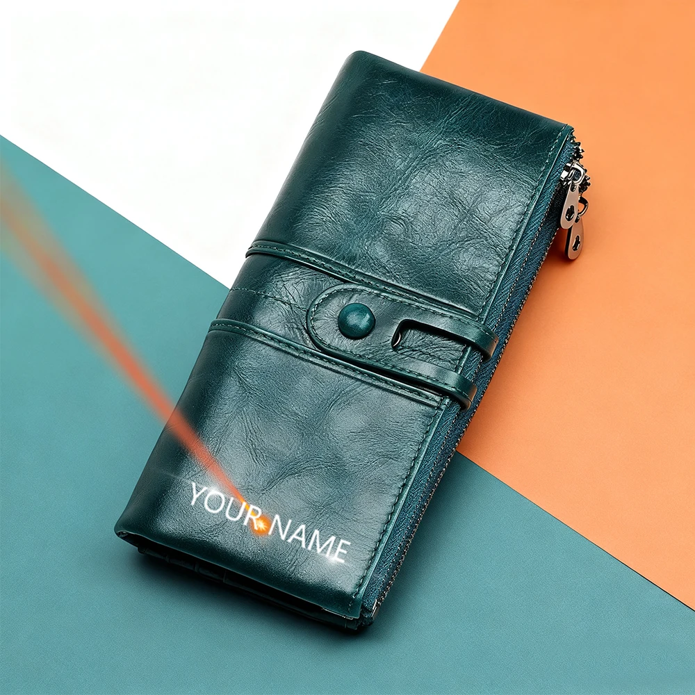 

Классический женский кошелек из натуральной кожи с гравировкой имени, держатели RFID-карт большой емкости, кошелек на молнии для девочек