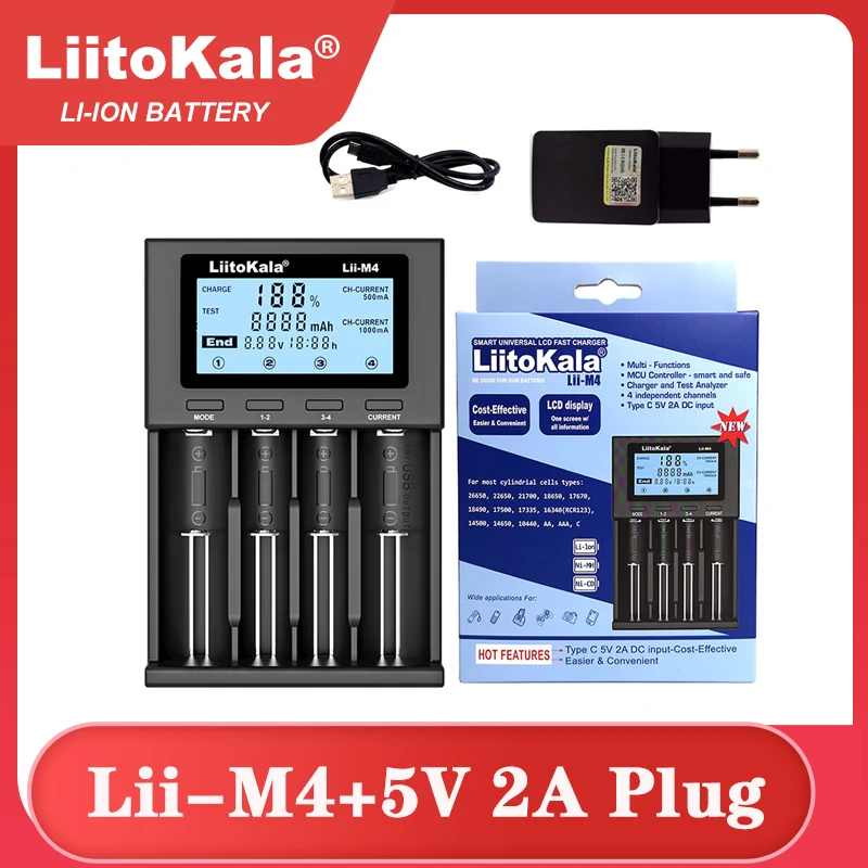  NEW LiitoKala Lii-M4 18650 Charger LCD Display Universal Smart Charger Test capacity for 26650 18650 21700 AA AAA etc 4slot