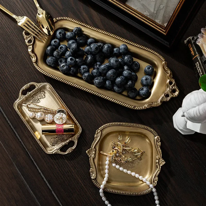 Handmade Brass Tray Carved Scented Candle Jewelry Storage Plate Home Decoration Desktop Ornaments Livingroom Fruit Snacks Tray