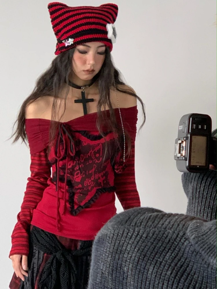 Punk Gothic Off-shoulder Red T-shirt Women Harajuku Vintage Y2k Clothes Japanese Aesthetic Streetwear Long Sleeve Tops Sexy Tees