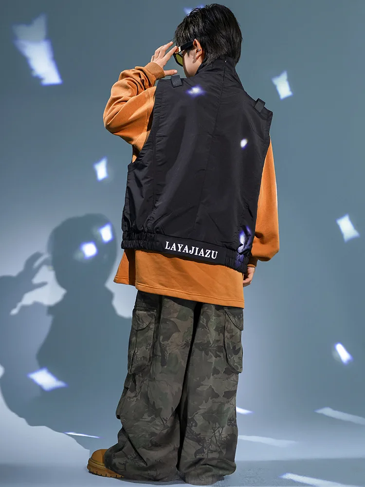 Kid Hip Hop Clothing Brown Sweatshirt Black Vest Top Camouflage Casual Pleat Cargo Pants for Girl Boy Jazz Dance Costume Clothes