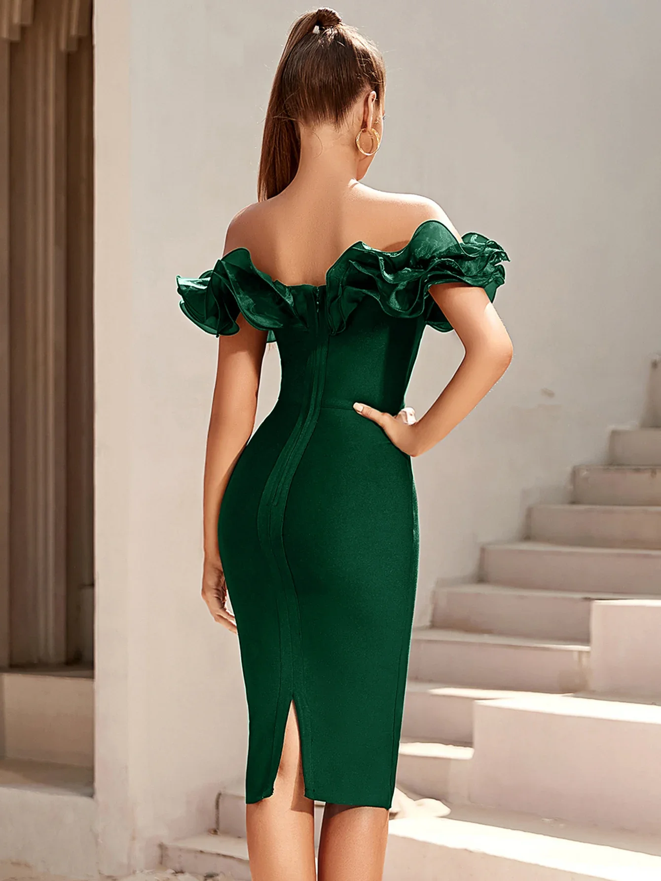 High End Bandage Dress Women Elegant Off Shoulder Ruffles Mesh Patchwork Bodycon Knee Length Birthday Evening Club Party Dresses