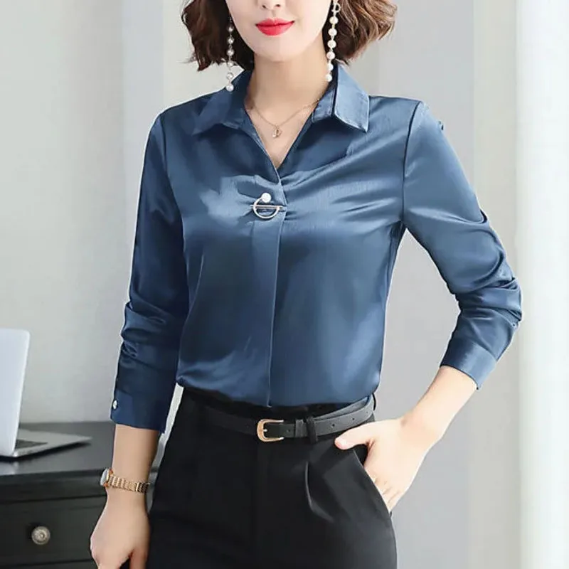 Commuter Office Lady All-match Solid Color Blouse Fashion Spring New Women\'s Long Sleeve Button Korean Turn-down Collar Shirt