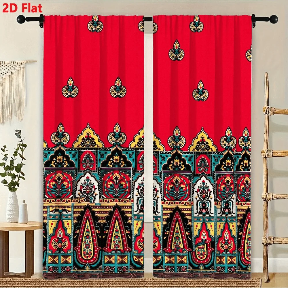

2Pcs Curtain Turquoise Indian Paisley Block Pattern Window Drapes. for Bedroom Living Room Decoration Window Treatment.