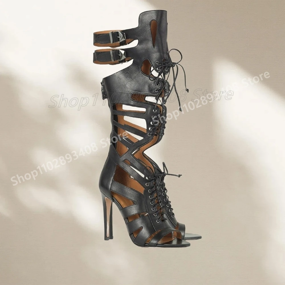 

Hollow Strappy Rivets Decor Sandal Boots Open Toe Matte Hot Girls Stiletto High Heel Fashion 2025 Women Shoes Summer Para Mujere