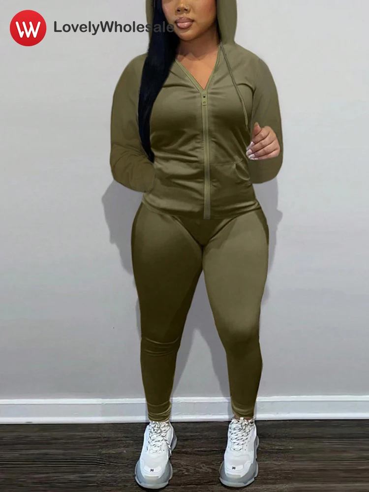 

LW Women's 2 Piece Pants Set Drawstring Hooded Collar Kangaroo Pocket Tracksuit Elastic Trousers Set 2024 Autumn Female Clothing