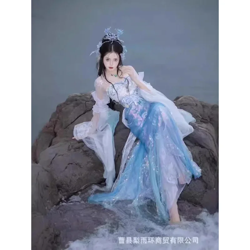 

25COSПлатье принцессы-русалки, слезы ханьфу, женский синий приморский костюм бессмертного выступления, дорожная фотография, ролевые игры